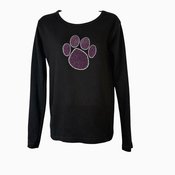 Bay Beauty Junior XL Black Knit Pullover Sweater Faux Rhinestones Purple Dog Paw - Picture 2 of 10